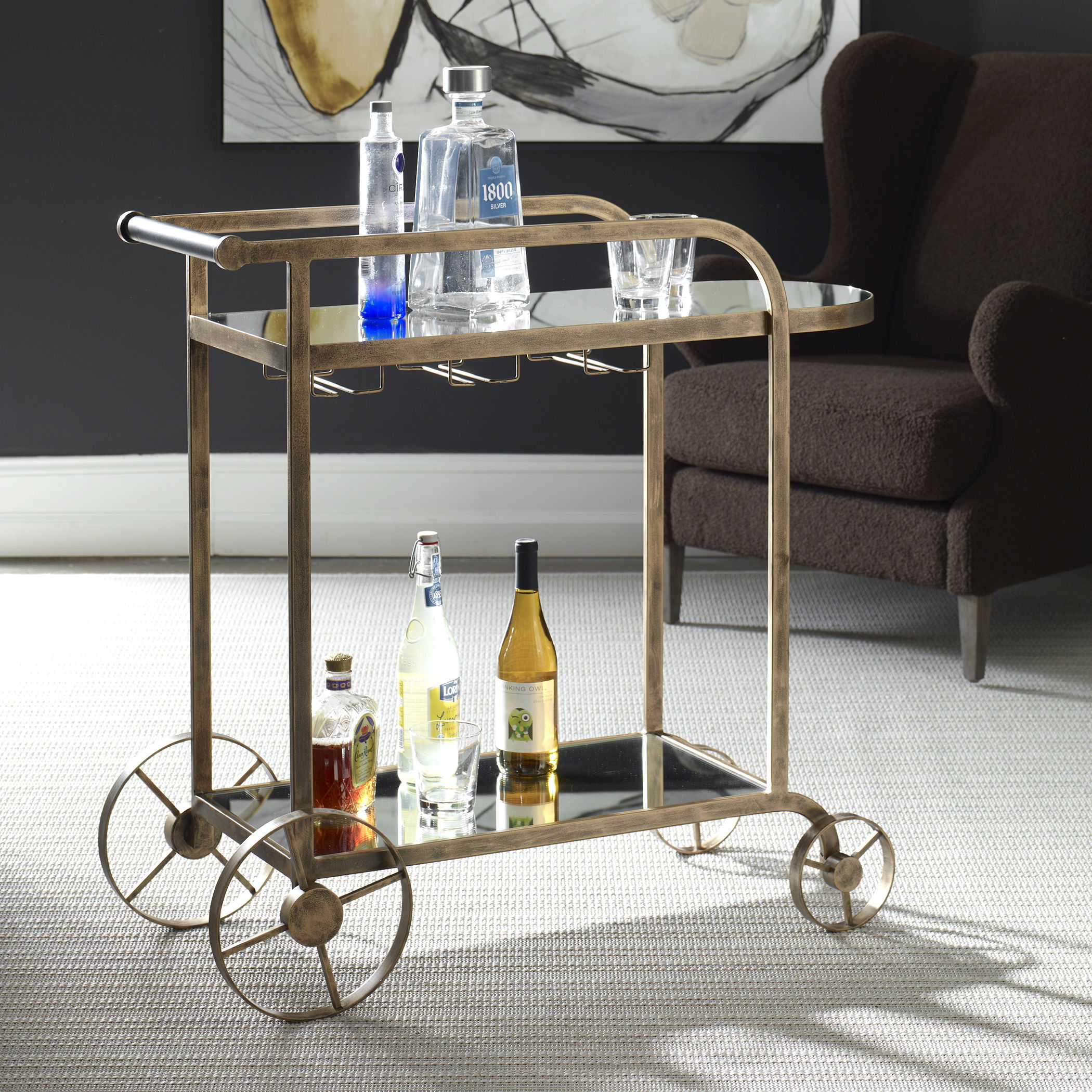 Carrinho Antique Brass Bar Cart, Furniture by Uttermost, 38.25" width x 36.25" height x 16.25" depth View 2
