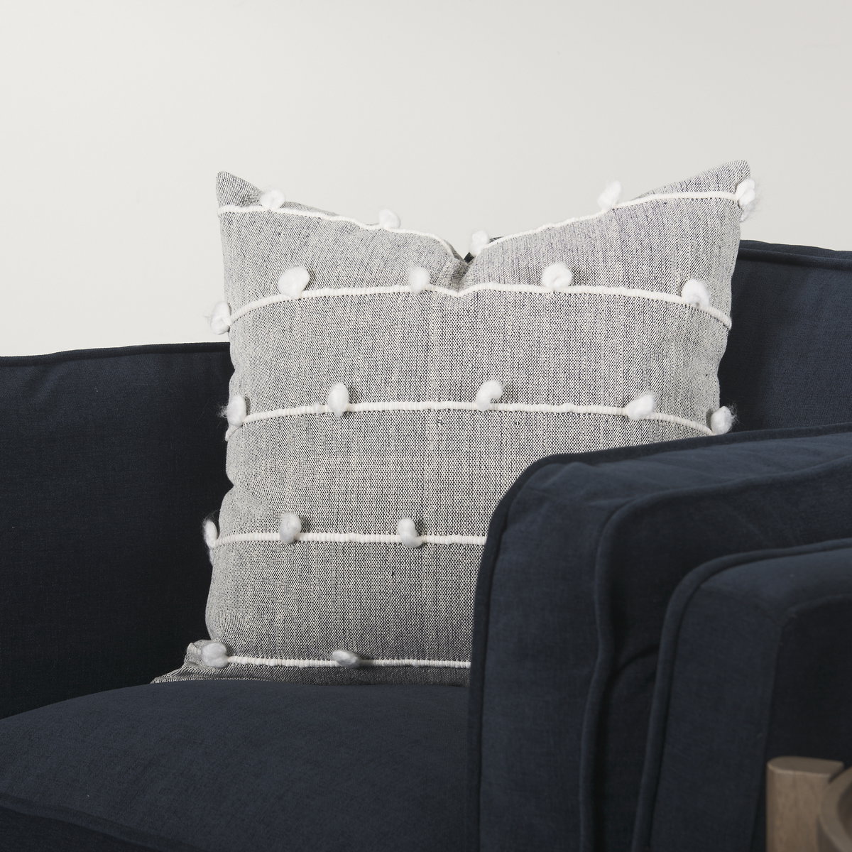 Linda 20x20 Navy And Cream With White Detail Pillow Cover, Decorative Pillow by Mercana, 20" length x 20" width x 0.2" height View 5