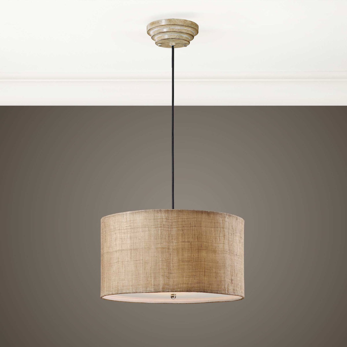 Dafina 3 Light Burlap Drum Pendant, by Uttermost, 22" width x 12" height x 22" diameter x 22" depth View 2