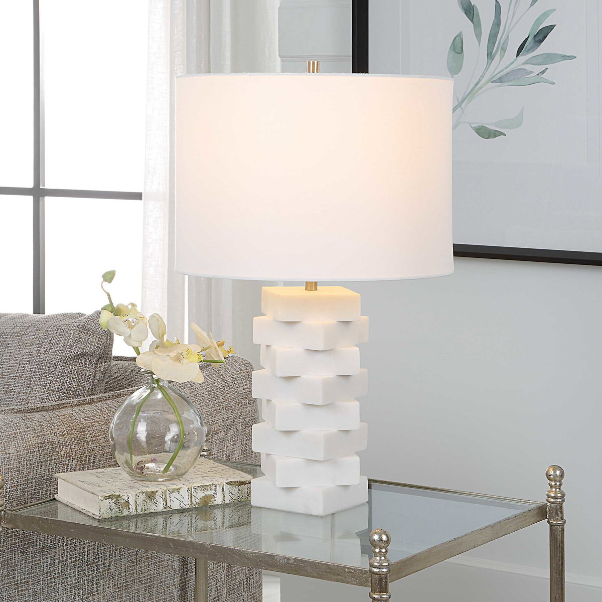 Ascent White Geometric Table Lamp, by Uttermost, 14" width x 23" height x 14" depth View 2