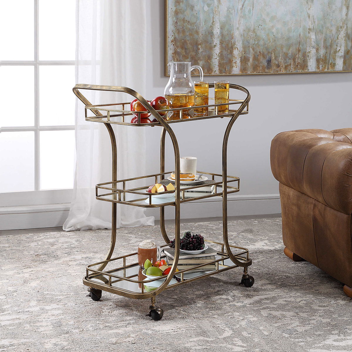 Stassi Gold Serving Cart, Bar Carts & Cabinet by Uttermost, 31.5" width x 37.12" height x 15.25" depth View 6