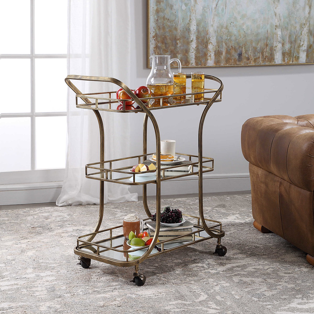 Stassi Gold Serving Cart, Bar Carts & Cabinet by Uttermost, 31.5" width x 37.12" height x 15.25" depth View 6