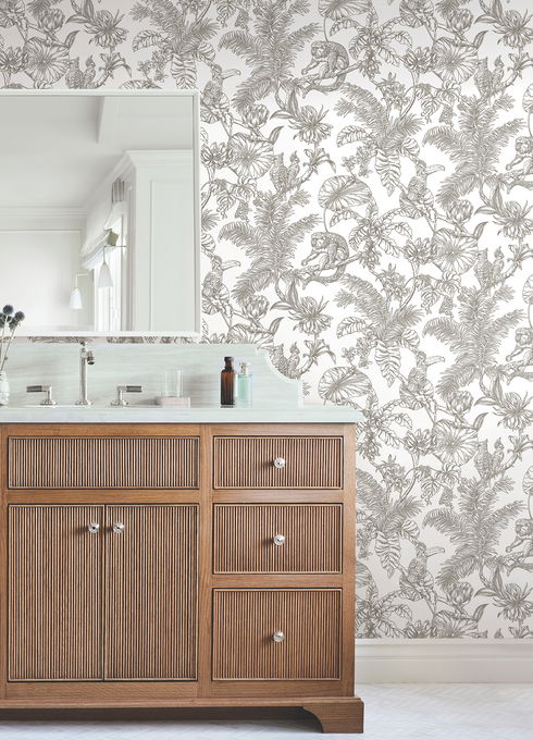 Tropical Sketch Toile Brown Wallpaper