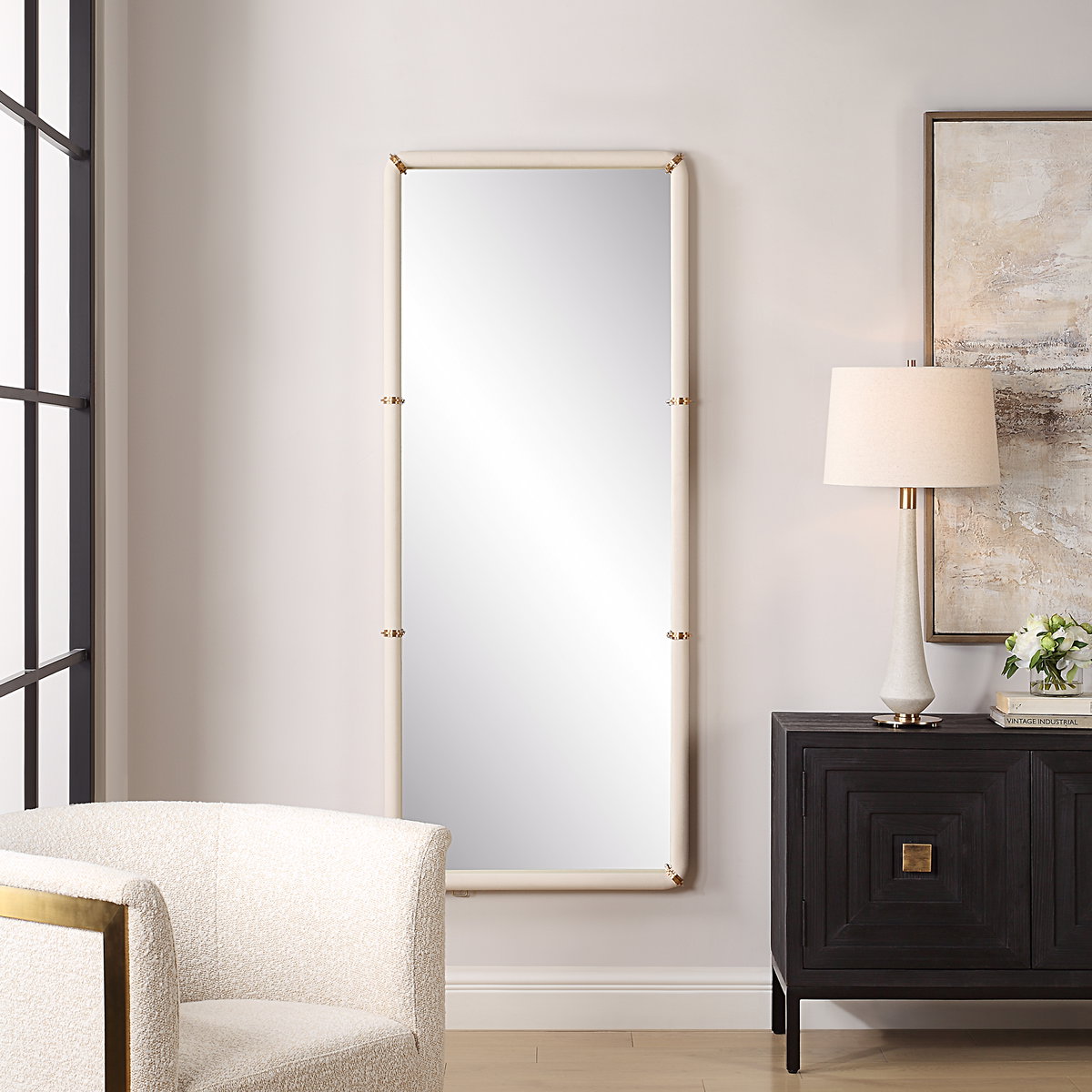 Cyprus White Dressing Mirror, Floor Mirror by Uttermost, 30.5" width x 72" height x 2.87" depth View 2