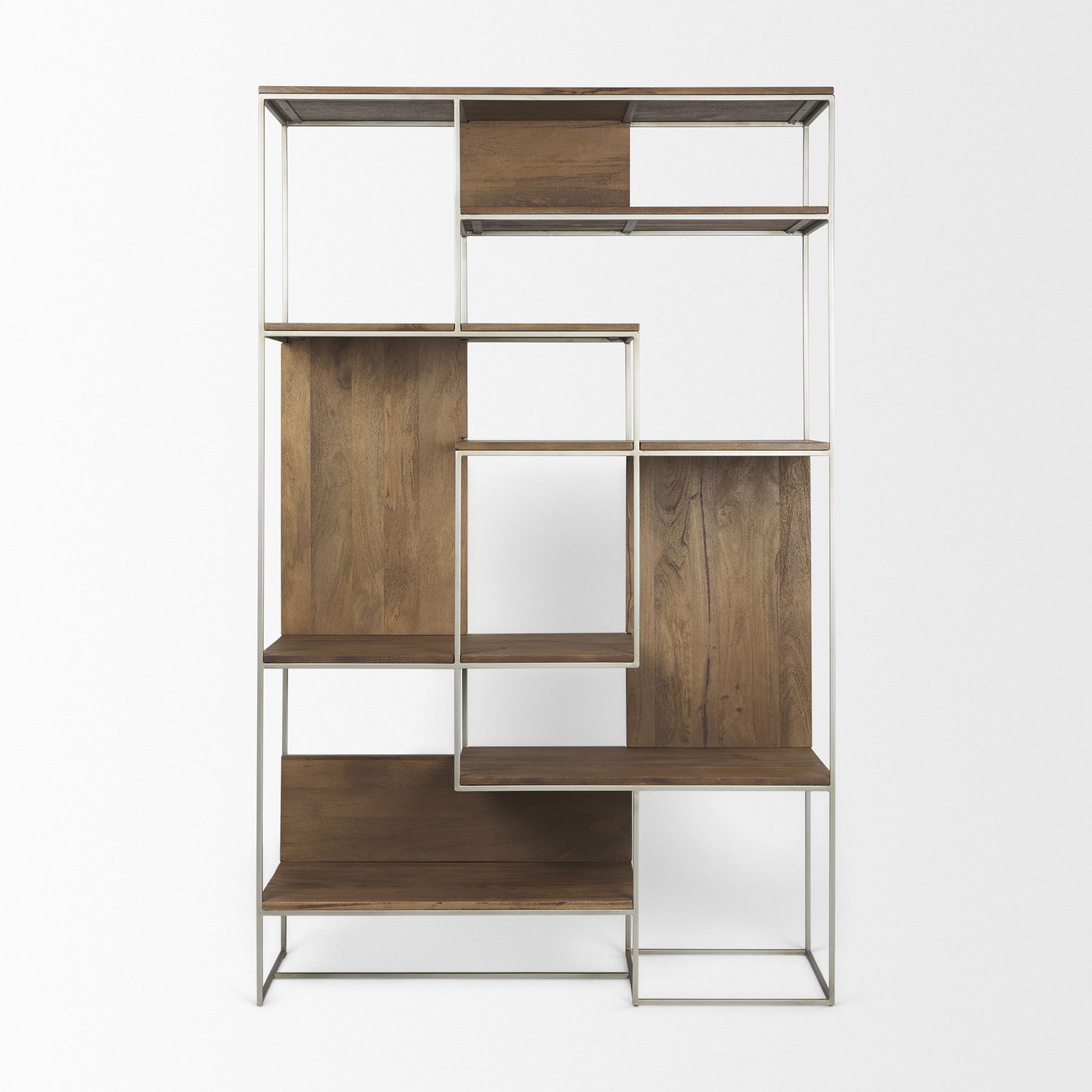 Morris III 47.25 X 15 X 75.5  Brown Wood and Silver Metal Frame 6 Shelf Shelving Unit, Shelving & Bookcase by Mercana, 47.25" length x 15" width x 75.5" height View 4
