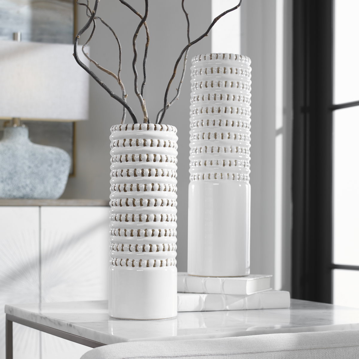 Angelou White Vases Set/2, by Uttermost, 5" width x 18.25" height x 5" depth View 2