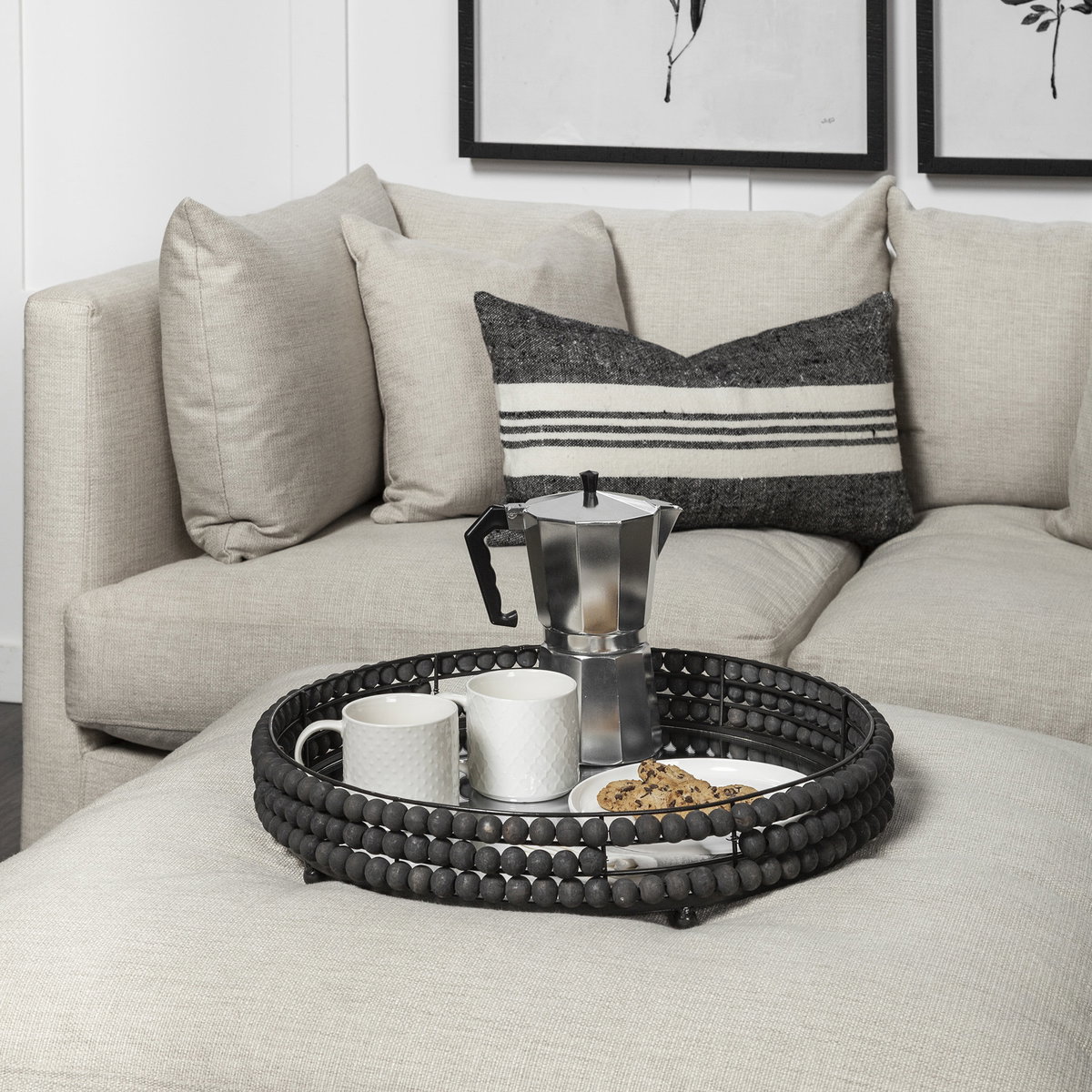 Decatur II 21L x 21W Black Wooden Bead Mirrored Bottom Round Tray, Decorative Tray by Mercana, 21.26" length x 21.26" width x 3.94" height View 2