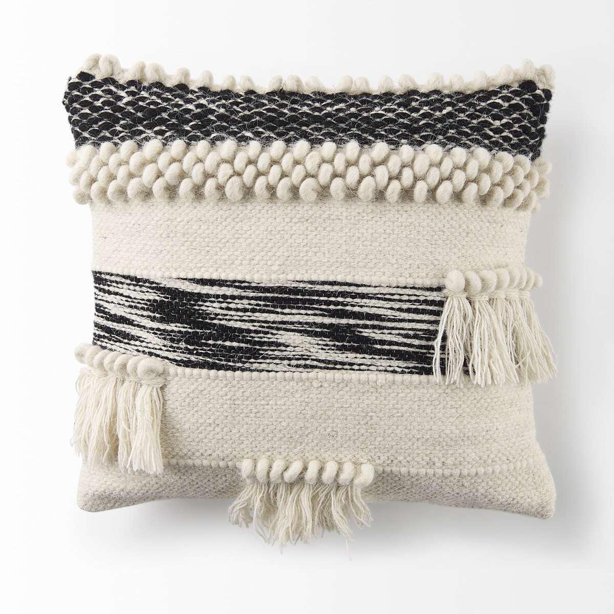 Beardell 18x18 Cream And Black Details With Tassels Pillow Cover, Decorative Pillow by Mercana, 18" length x 18" width x 0.1" height View 9