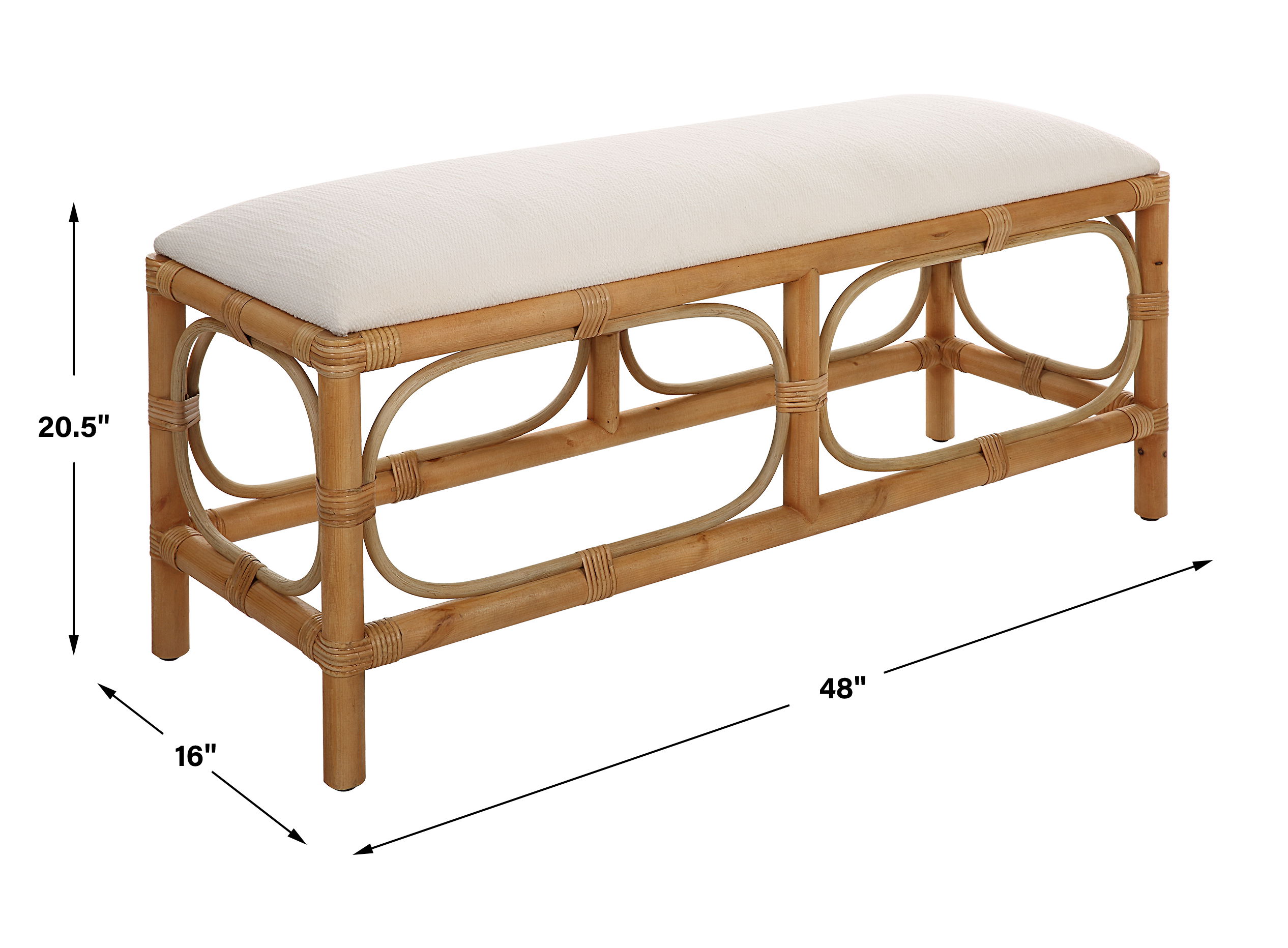 Laguna White Fabric Rattan Bench, Furniture by Uttermost, 48" width x 20.5" height x 16" depth View 3