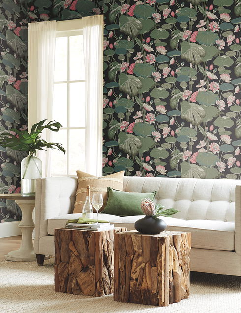 Lotus Pond Black & Pink Wallpaper