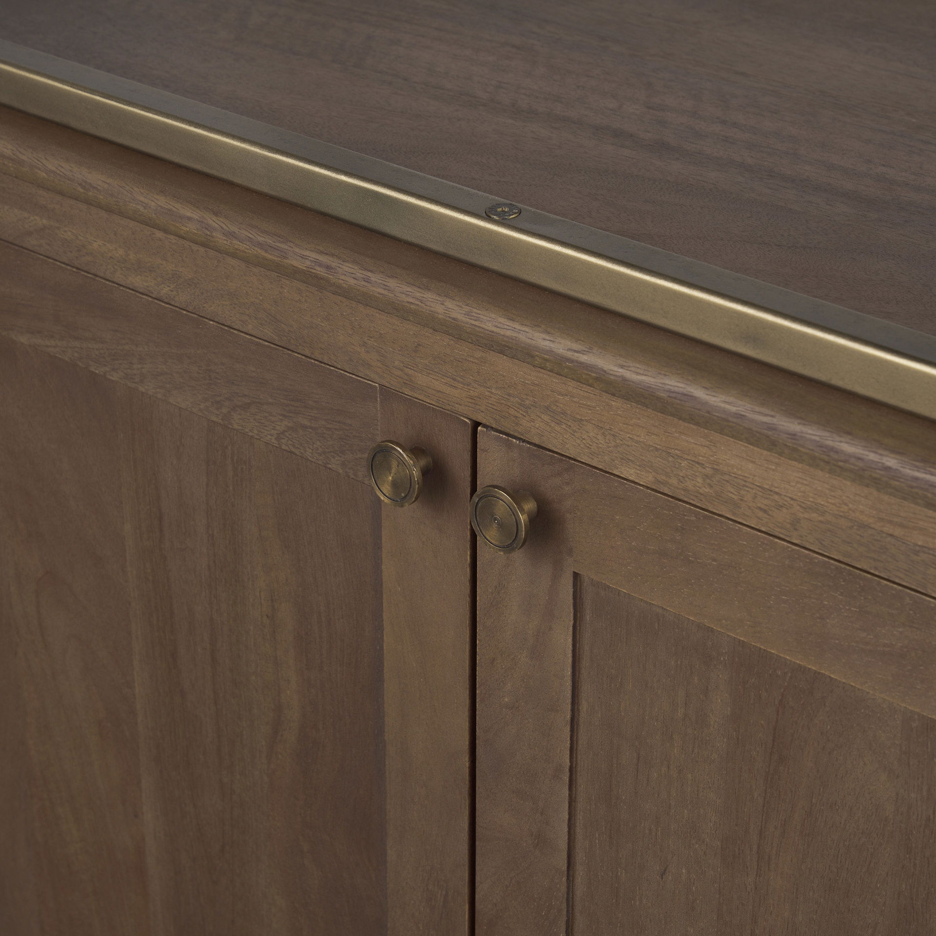 Baron Dark Brown Wood with Antiqued Aged Brass Metal 2-Door Open Shelving Unit, Shelving & Bookcase by Mercana, 41.75" length x 19" width x 90" height View 11