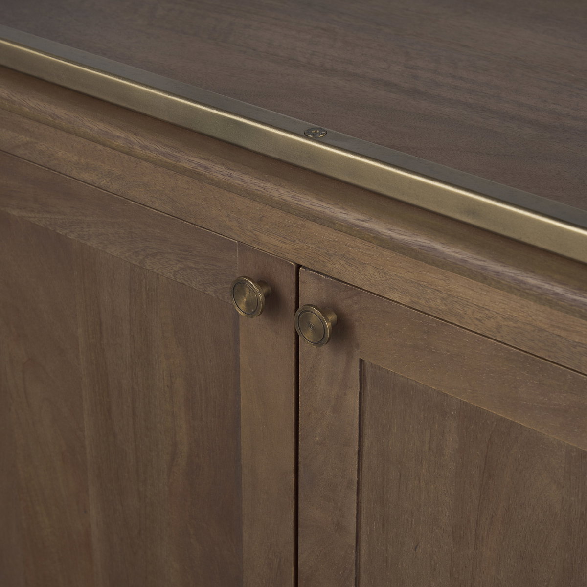 Baron Dark Brown Wood with Antiqued Aged Brass Metal 2-Door Open Shelving Unit, Shelving & Bookcase by Mercana, 41.75" length x 19" width x 90" height View 11
