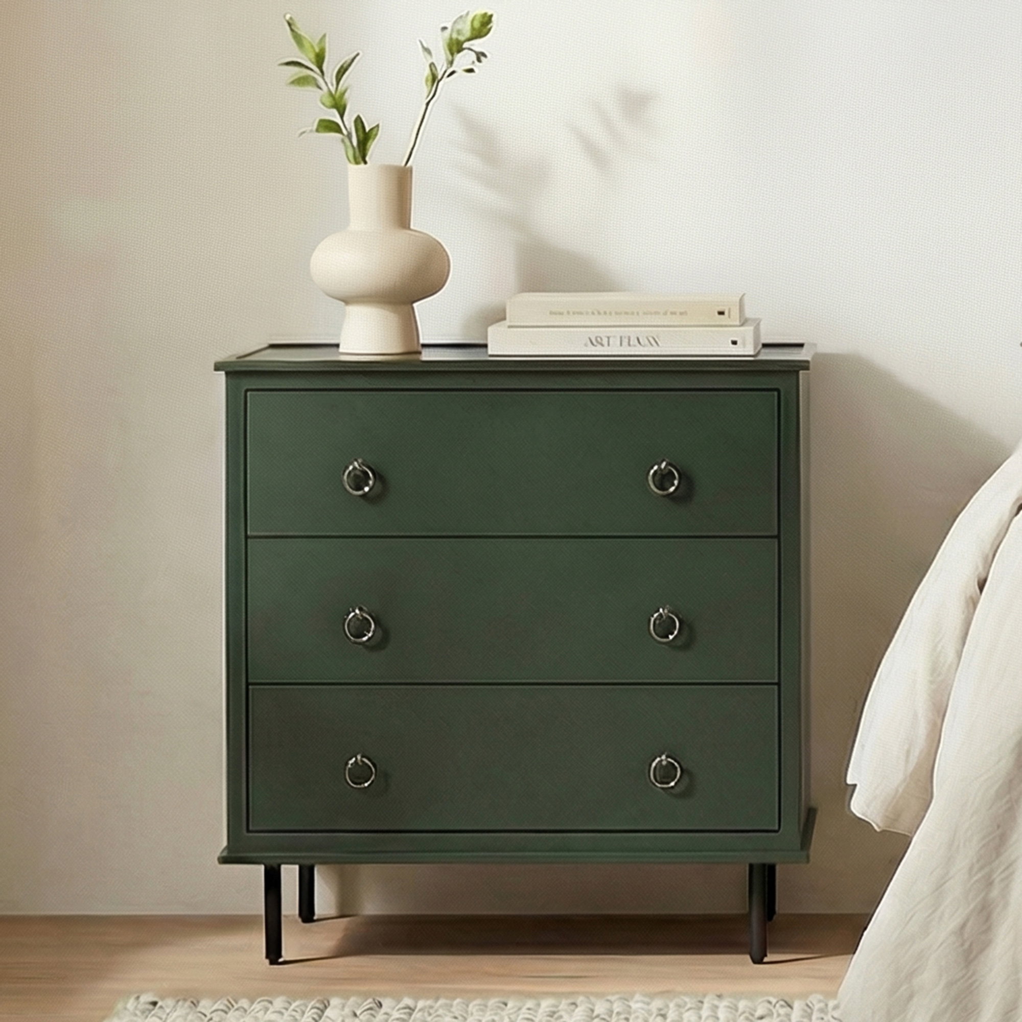 Reagan 3 Drawer Nightstand Deep Green, by Moe's Home, 31" width x 30.25" height x 18.5" depth View 11