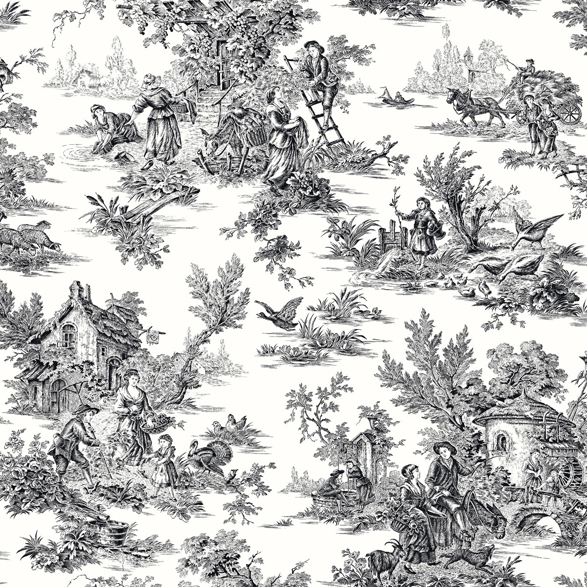 Campagne Toile Black & White Wallpaper, by York Wall, 33' length x 1'8.5" width x 0.02" depth