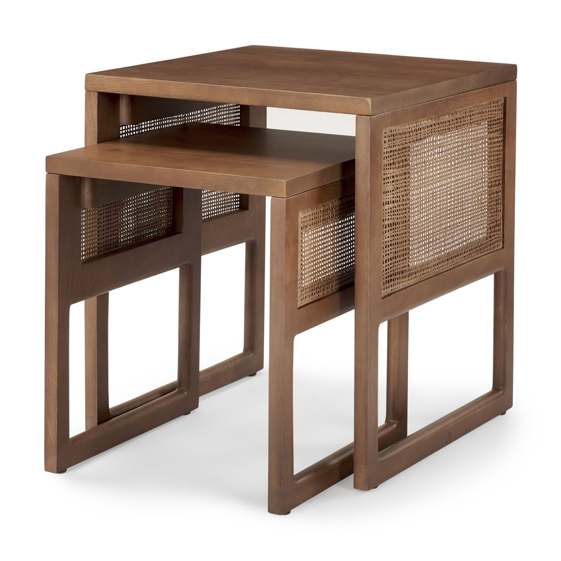 Grier Set of 2 Medium Brown Solid Wood with Cane Nesting Accent Tables large image 
