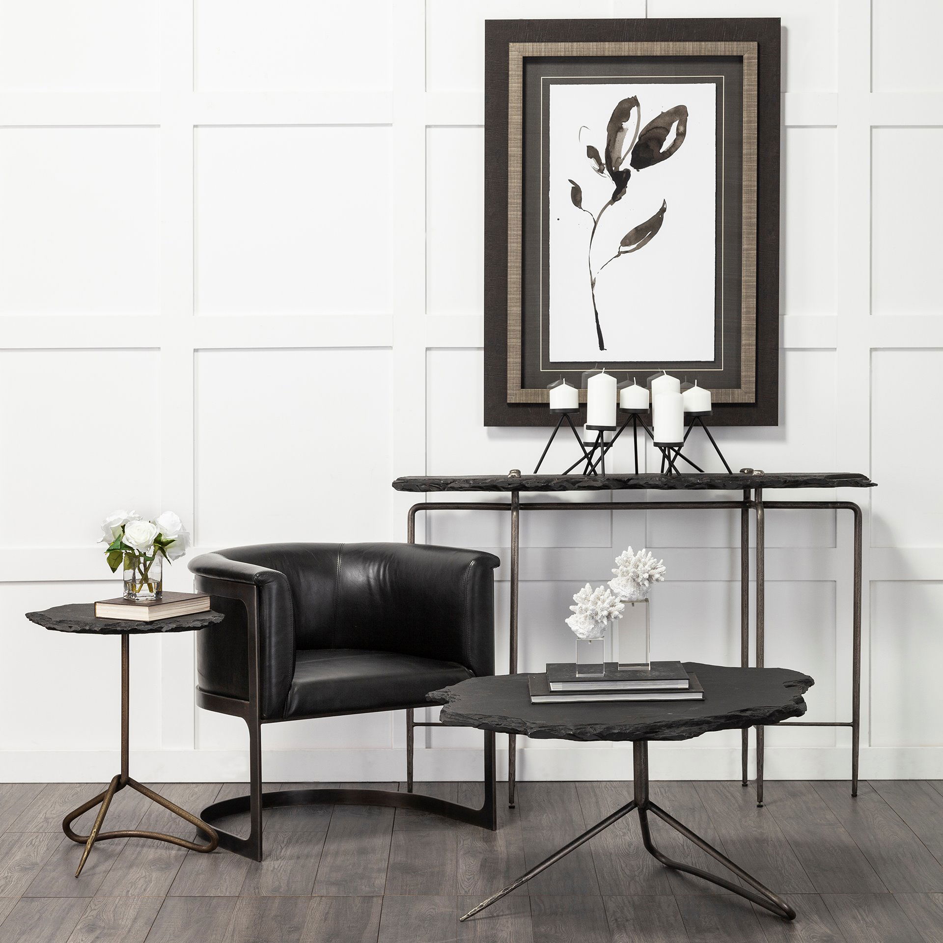Pinera II 19L x 19W Black Slate Top with Triangular Iron Base Accent Table large image 