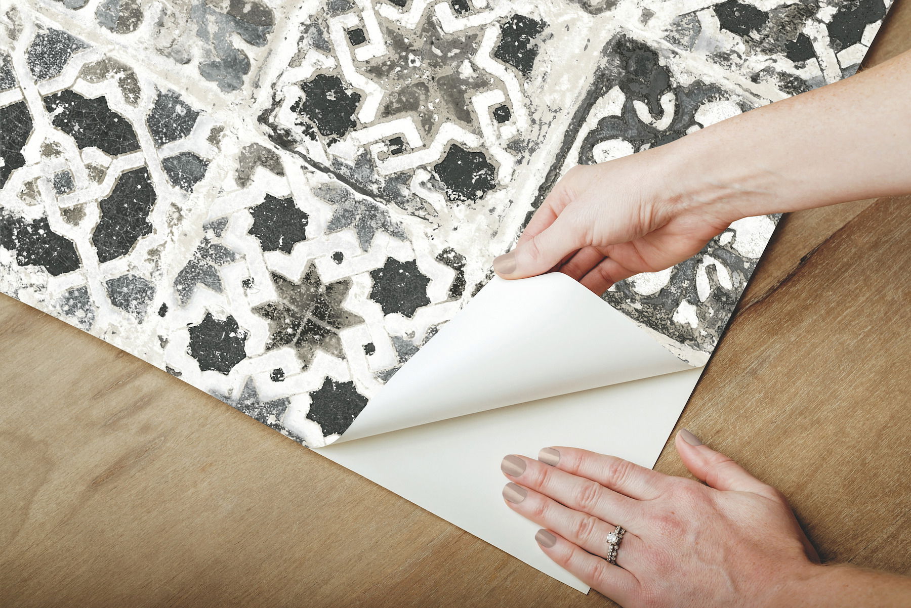 Encaustic Tile Black Peel & Stick Wallpaper large image 