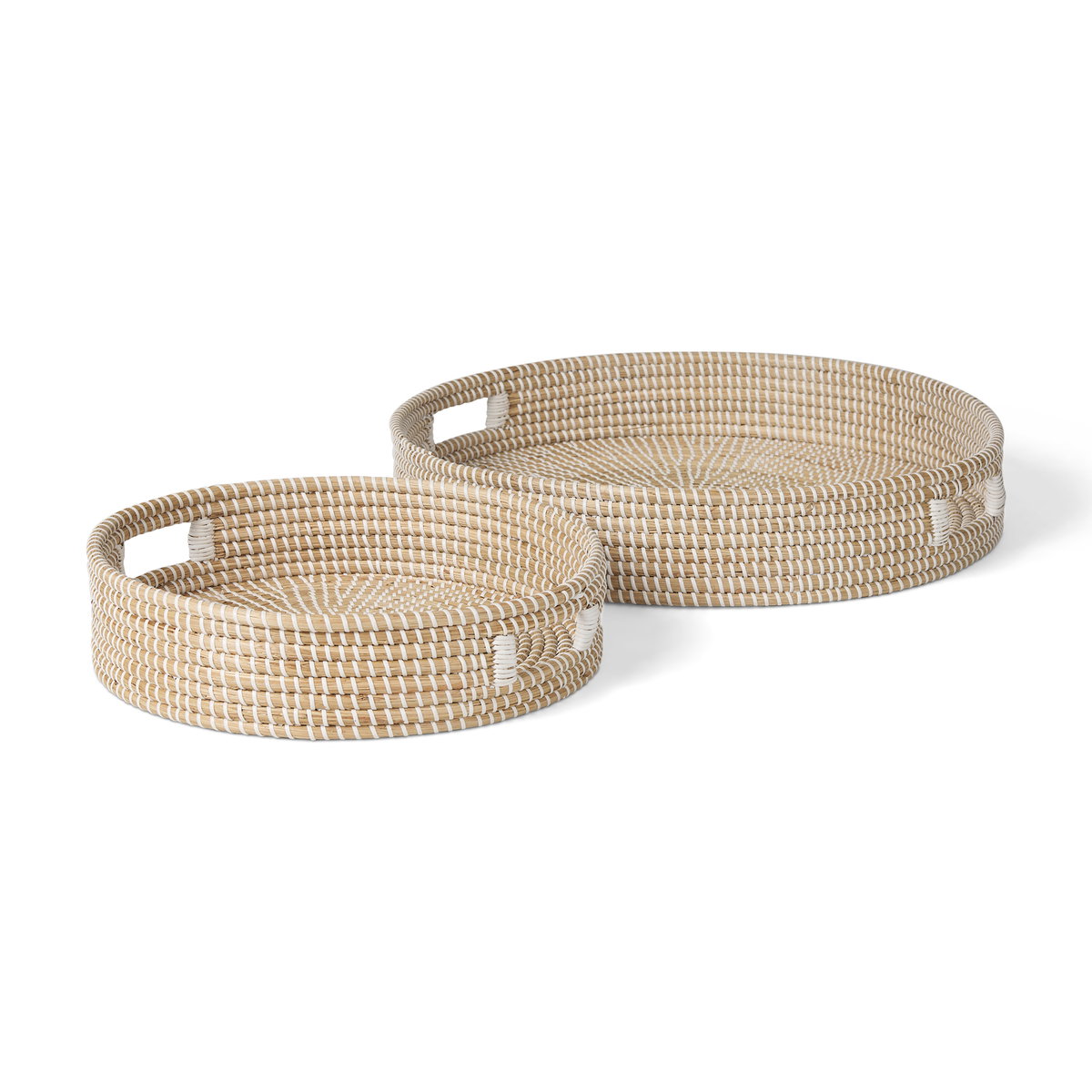 Kalama Set of 2 Large Round Seagrass Trays with Handles, Decorative Tray by Mercana, 22.05" length x 22.05" width x 3.94" height View 1