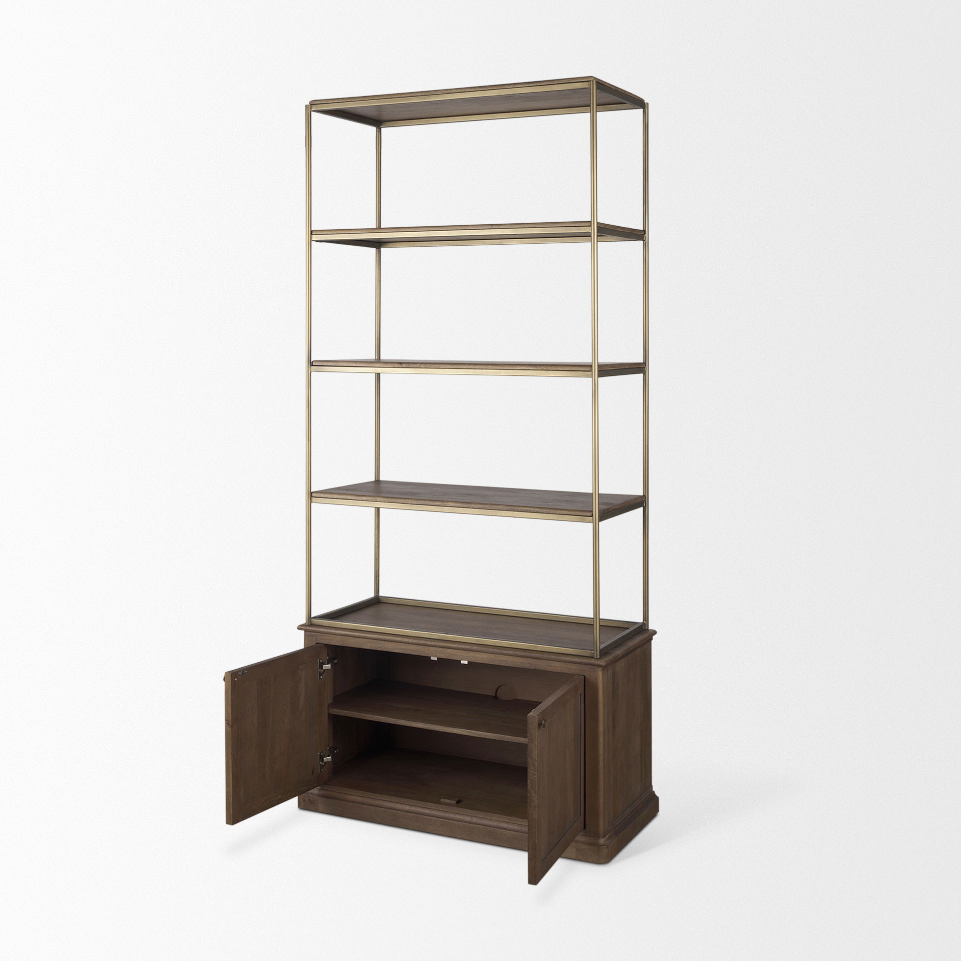 Baron Dark Brown Wood with Antiqued Aged Brass Metal 2-Door Open Shelving Unit, Shelving & Bookcase by Mercana, 41.75" length x 19" width x 90" height View 8
