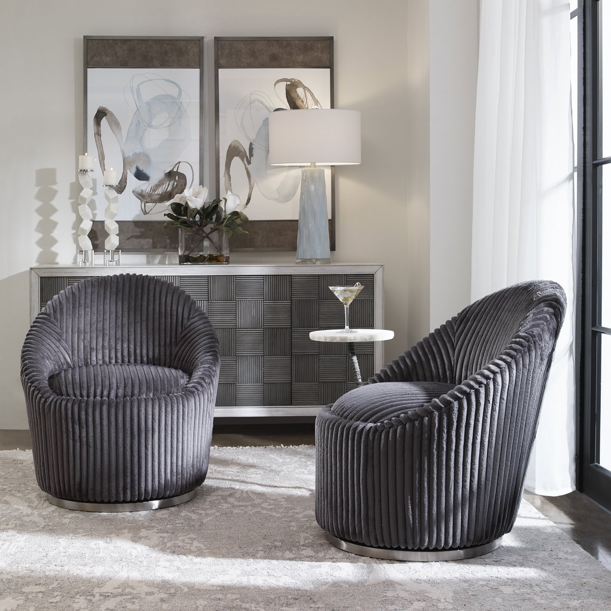 Crue Gray Fabric Swivel Chair, Accent Chair by Uttermost, 29.2" width x 32" height x 31" depth View 2