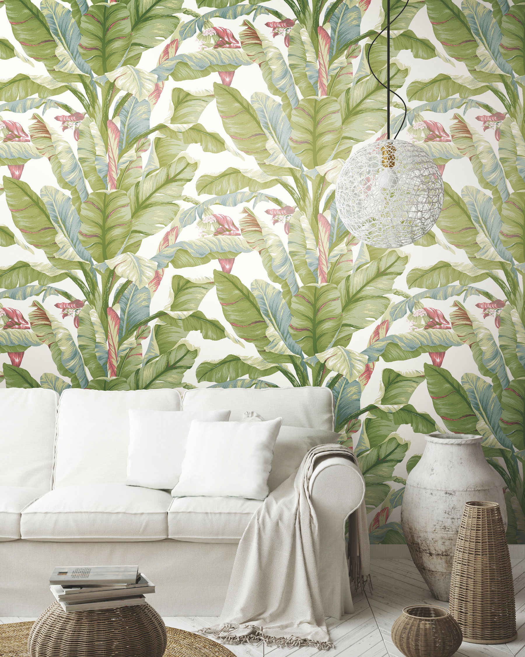 Banana Leaf White & Green Peel & Stick Wallpaper large image 