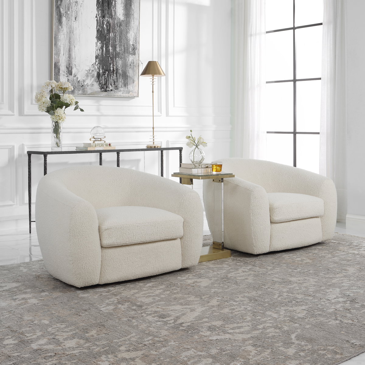 Capra Art Deco White Swivel Chair, Accent Chair by Uttermost, 43" width x 28" height x 37" depth View 11