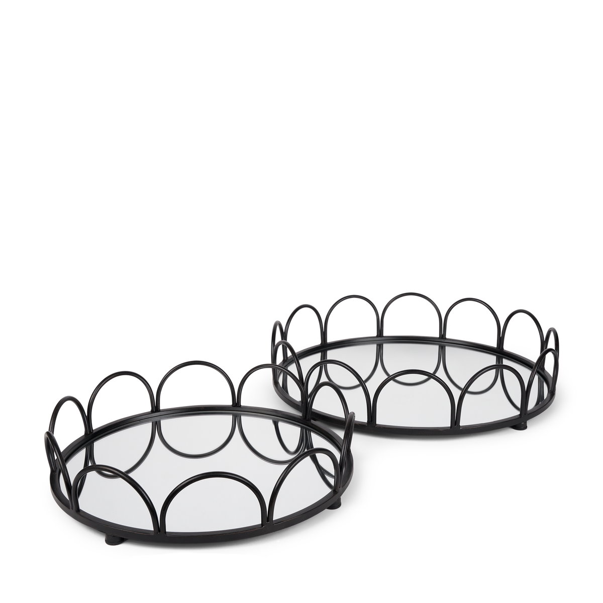 Lenore Round Metal/Mirror Tray Black (Set of 2), Decorative Object by Mercana, 18.9" length x 18.9" width x 4.33" height View 1