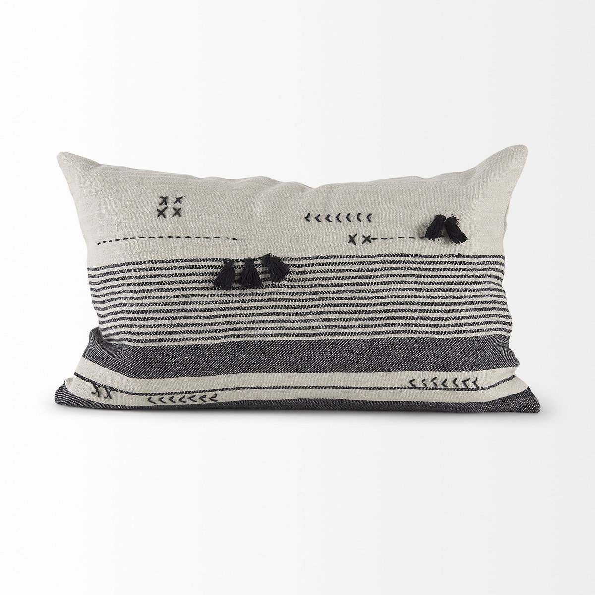 Thalia 13x21 Black and Beige Fabric Striped with Fringe Pillow Cover, Decorative Pillow by Mercana, 13" length x 21" width x 0.2" height View 6