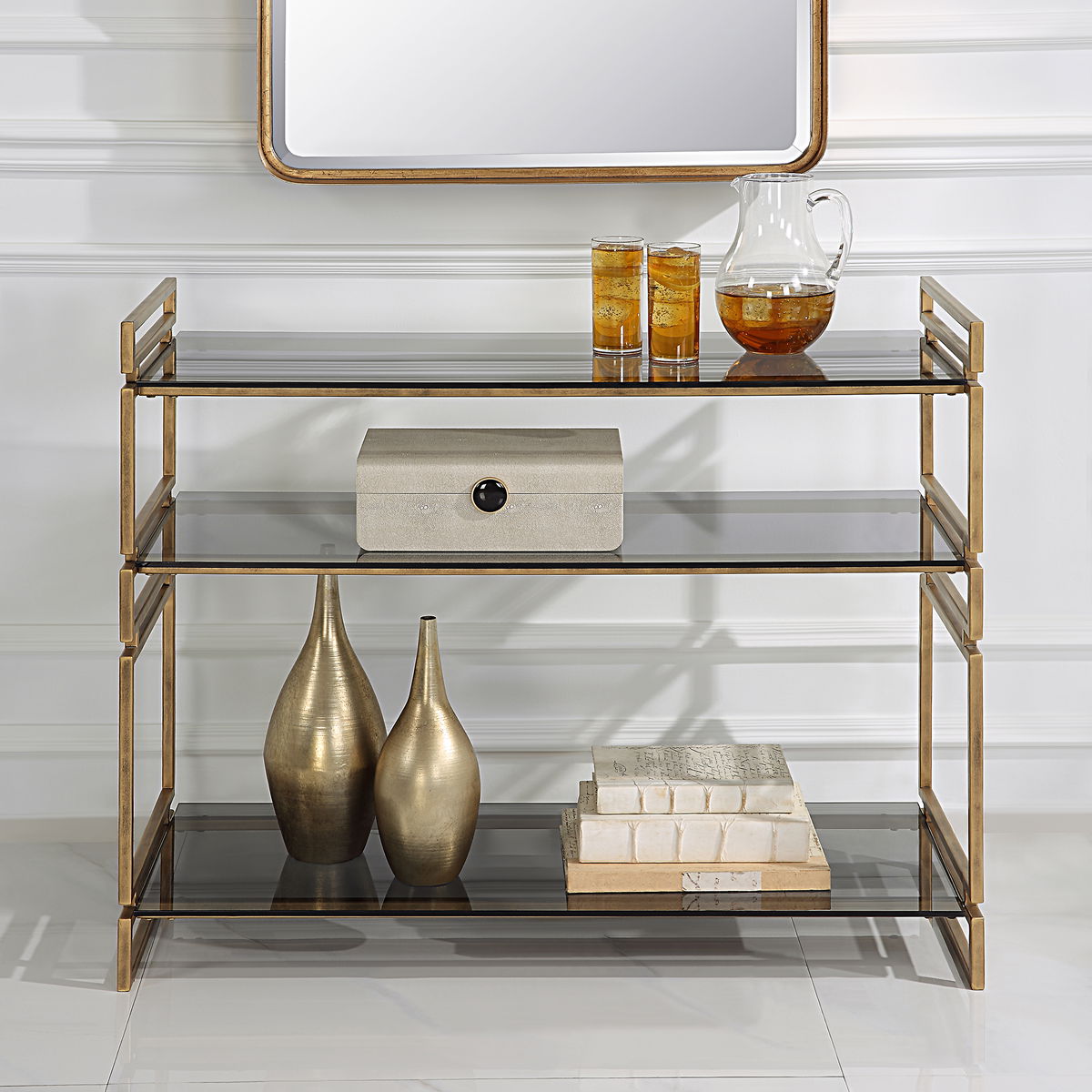 Stacked Up Gray Glass Console Table, by Uttermost, 40.25" width x 32.5" height x 16" depth View 2