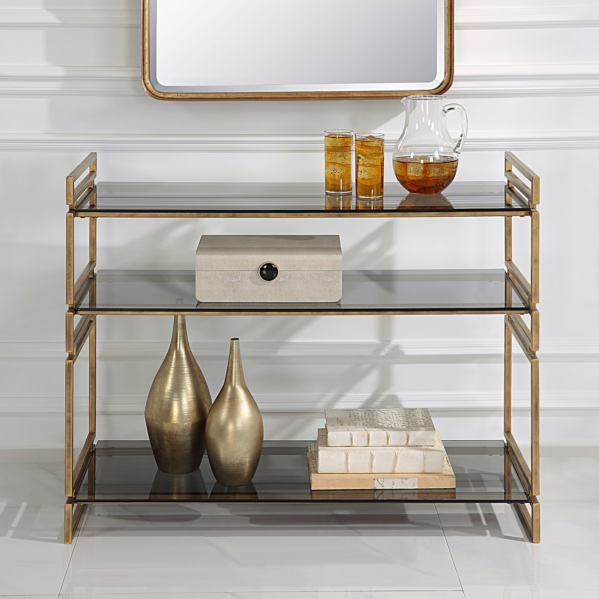 Stacked Up Gray Glass Console Table, by Uttermost, 40.25" width x 32.5" height x 16" depth View 2