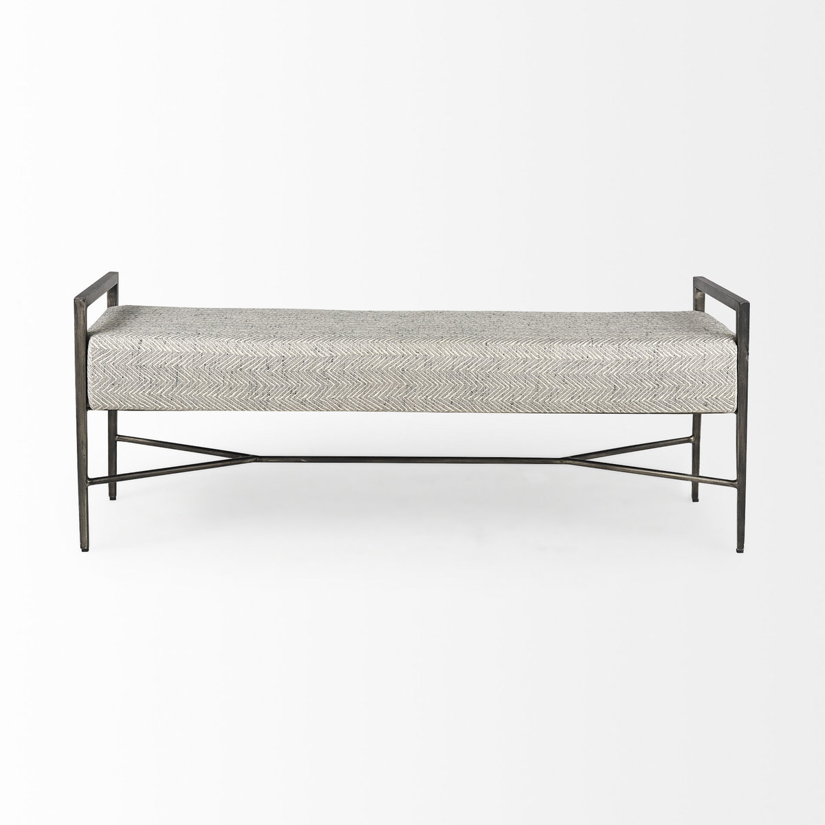 Charlotte  55.0L Gray Herringbone Fabric Seat with Antique Nickel Metal Frame Bench, Benche by Mercana, 55" length x 17" width x 23" height View 4