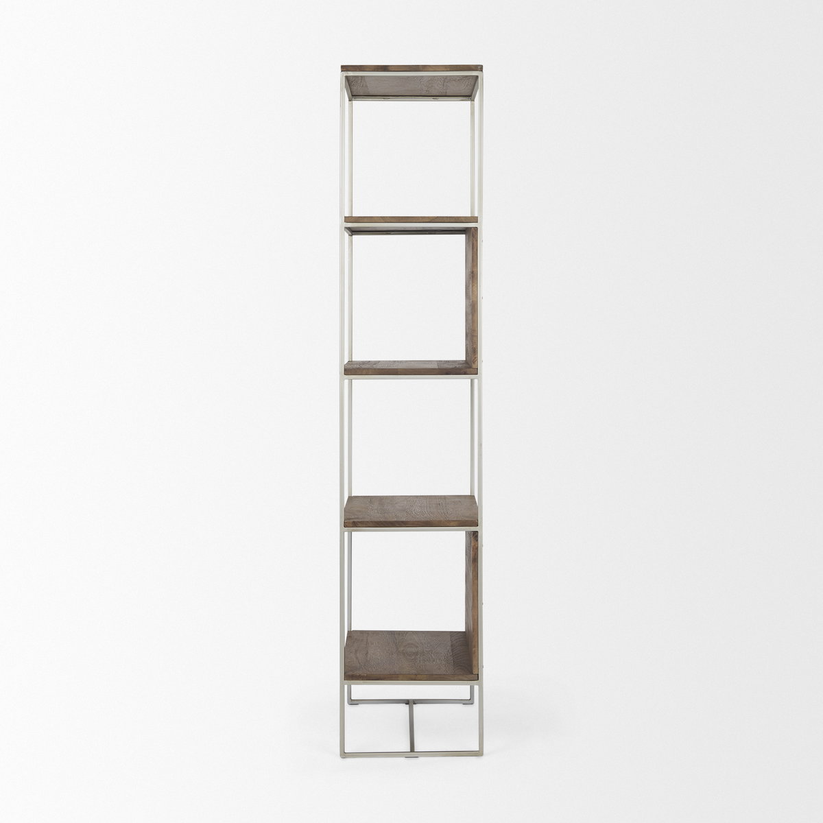 Morris II 19.75 x 15 x 72.5 Brown Wood and Silver Metal Frame 4 Shelf Shelving Unit, Shelving & Bookcase by Mercana, 19.75" length x 15" width x 72.5" height View 5