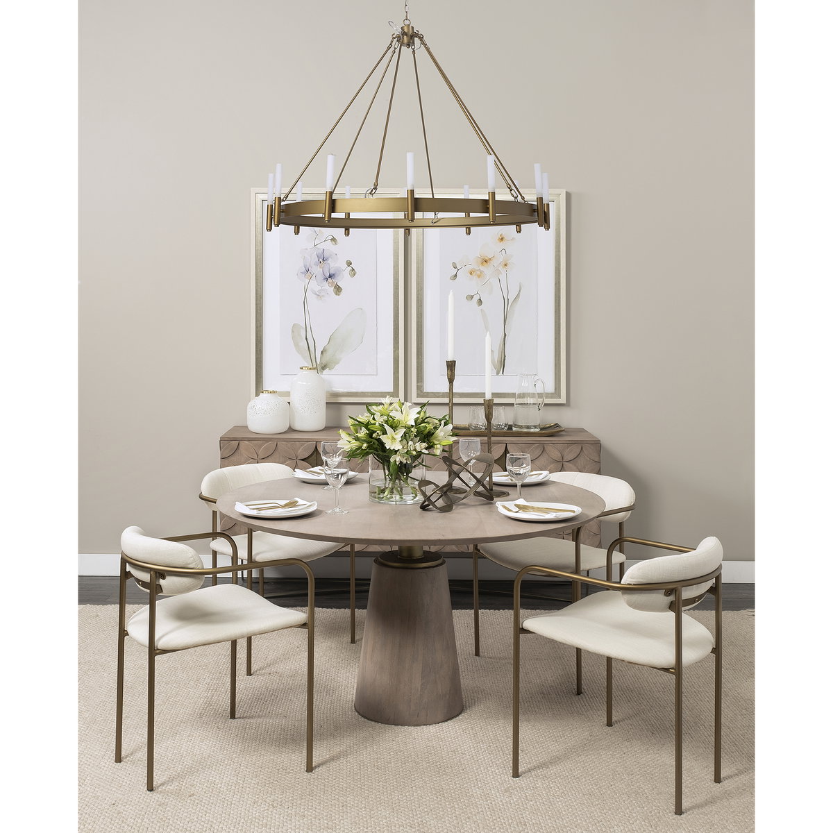 Maxwell 54' Round Pedestal Dining Table | Modern | Brown Wood & Brown Wood/Gold Metal | Seats 4, by Mercana, 54" length x 54" width x 30" height View 2