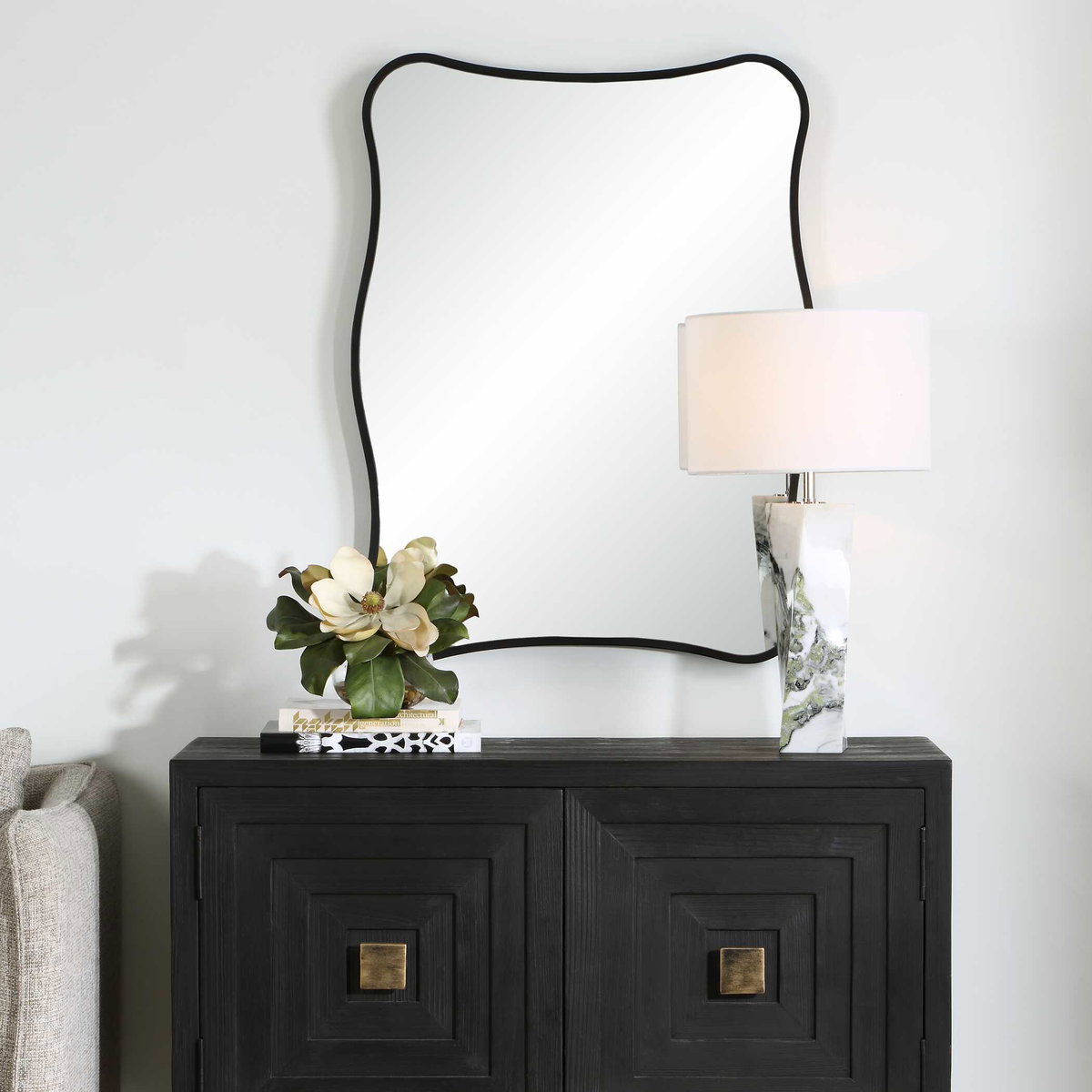 Pavia Black Vanity Mirror, by Uttermost, 2'3.5" width x 3'0.25" height x 1.5" depth View 2