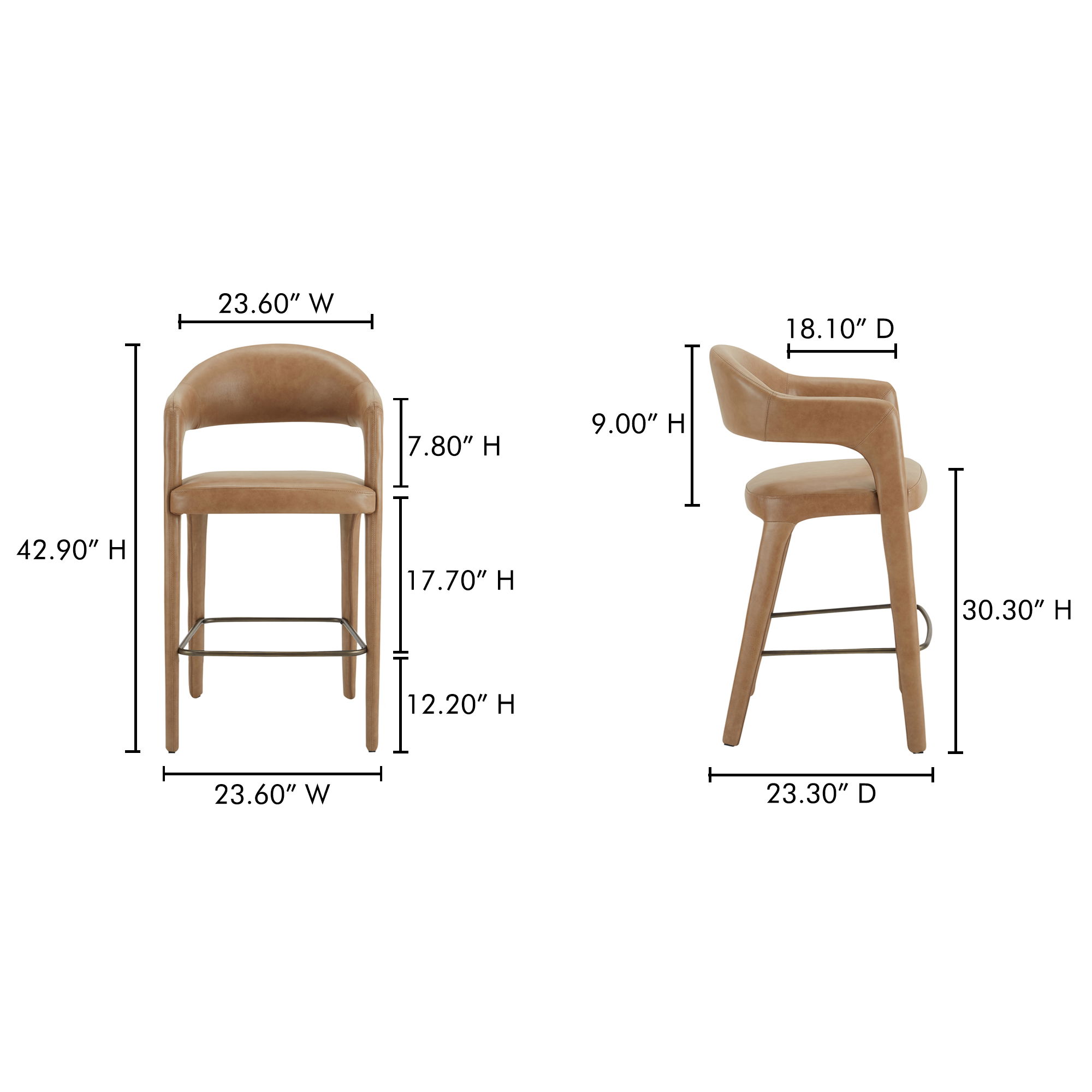 Martens Bar Stool Brown Leather, Counter & Bar Stool by Moe's Home, 23.6" width x 42.9" height x 23.3" depth View 6