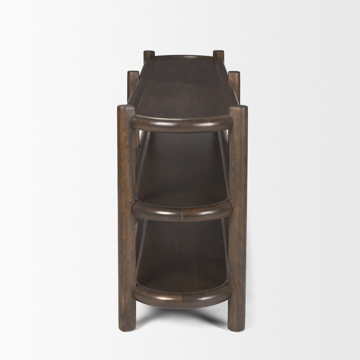 Romi Dark Brown Wood with 3 Shelves Oval Console Table, by Mercana, 80" length x 19" width x 30" height View 5