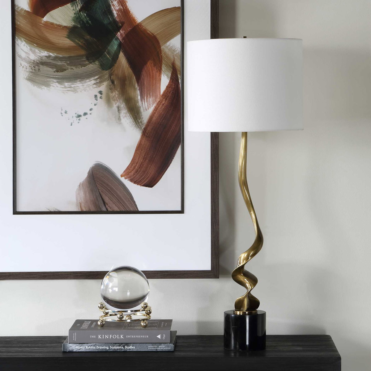 Spiraling Cordless Brass Buffet Lamp, Table Lamp by Uttermost, 13" width x 35" height x 13" depth View 3