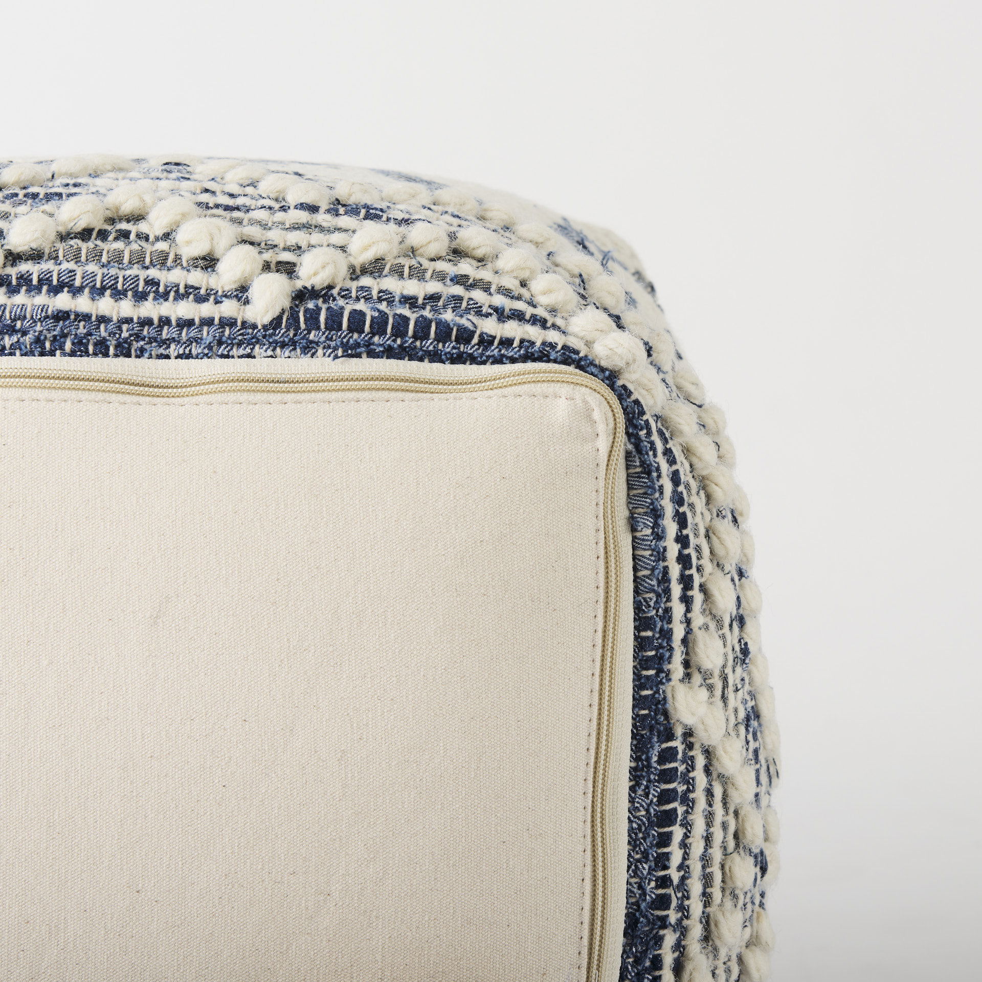 Eshana  Cream Wool and Denim Patterned Pouf, Ottoman by Mercana, 16" length x 16" width x 16" height View 9