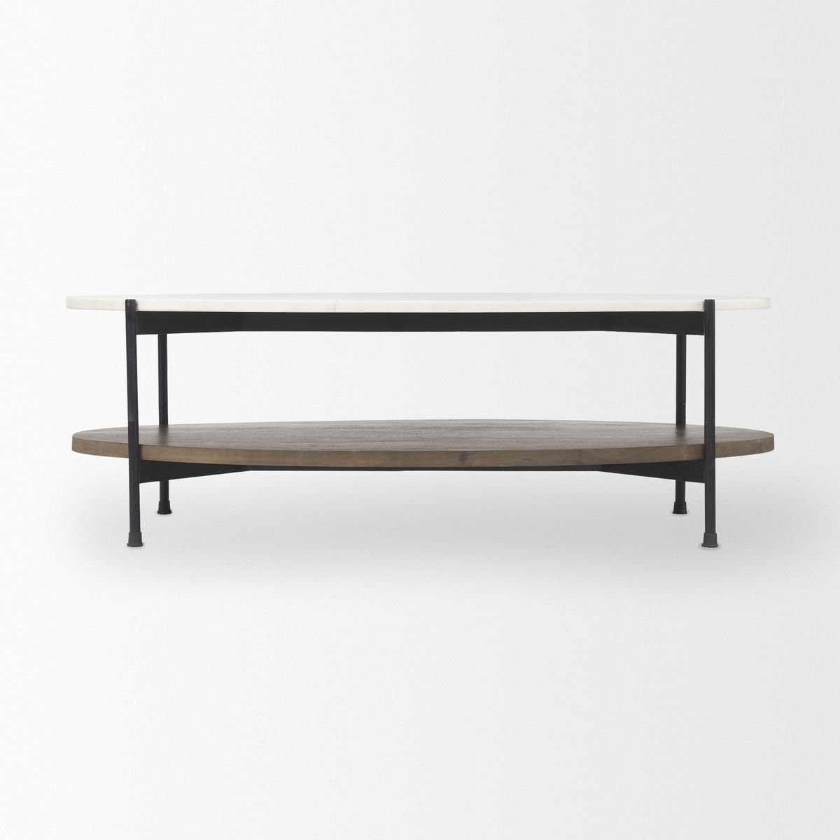 Larkin White Marble Top with Dark Brown Wood Shelf Oval Coffee Table, by Mercana, 48" length x 30" width x 16" height View 5
