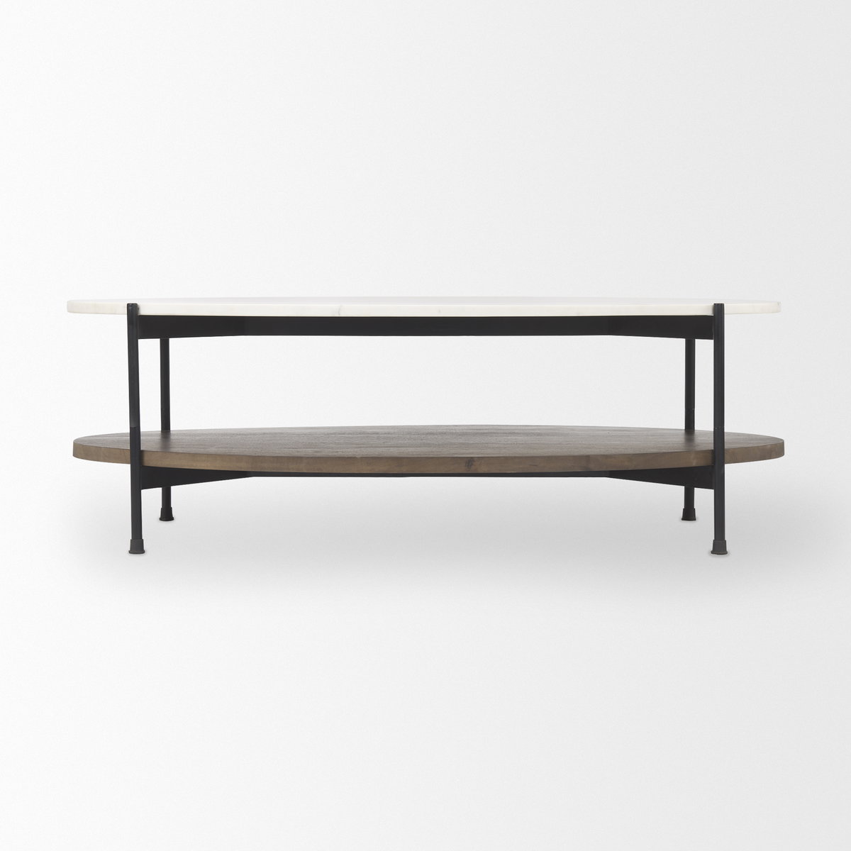 Larkin White Marble Top with Dark Brown Wood Shelf Oval Coffee Table, by Mercana, 48" length x 30" width x 16" height View 5