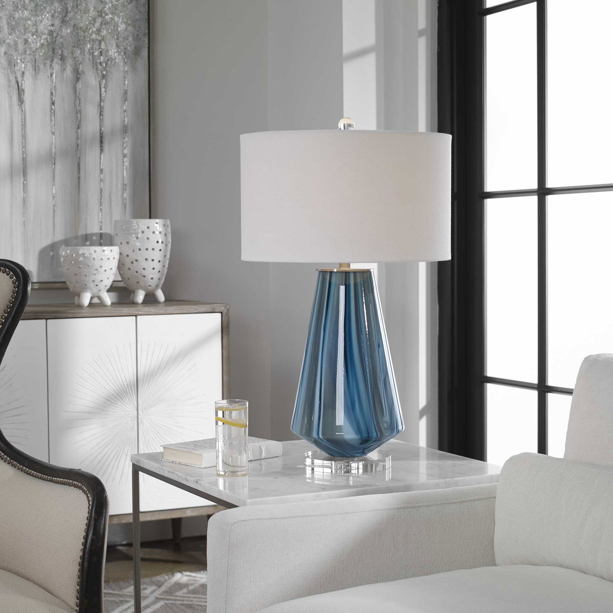 Pescara Teal-Gray Glass Lamp, Table Lamp by Uttermost, 17" width x 28.25" height x 17" depth View 2