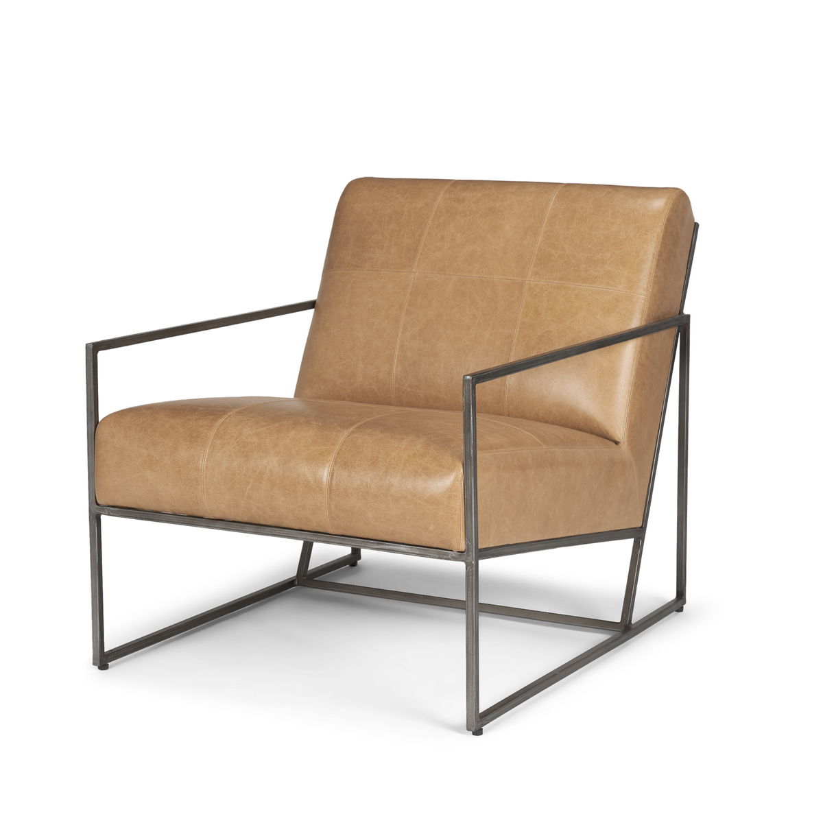 Stratton Gunmetal with Genuine Brown Leather Upholstered Accent Chair, by Mercana, 27.25" length x 36.5" width x 29.5" height View 1