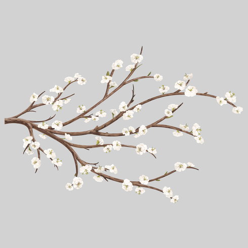 White Blossom Branch Giant Wall Decals with Flower Embellishments