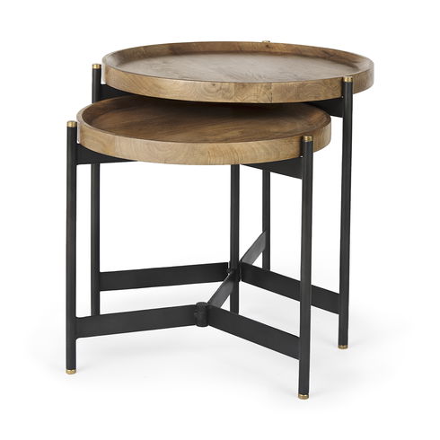 Marquisa (Set of 2)  Light Brown Wood with Black Metal Base Nesting Side Tables