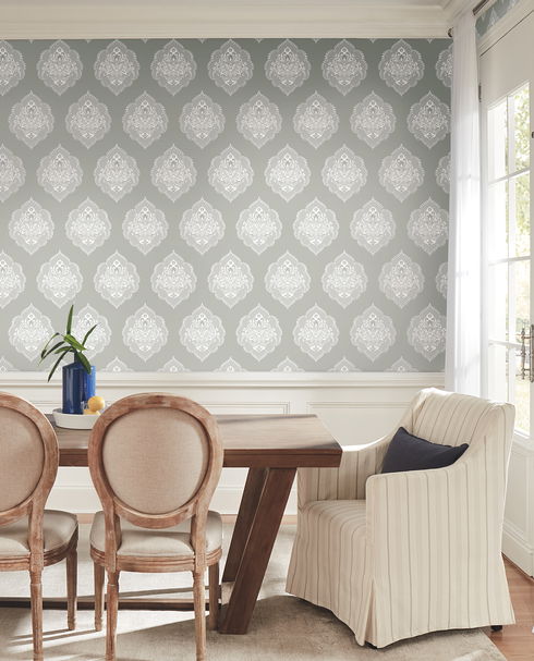 Signet Medallion Damask Grey Wallpaper