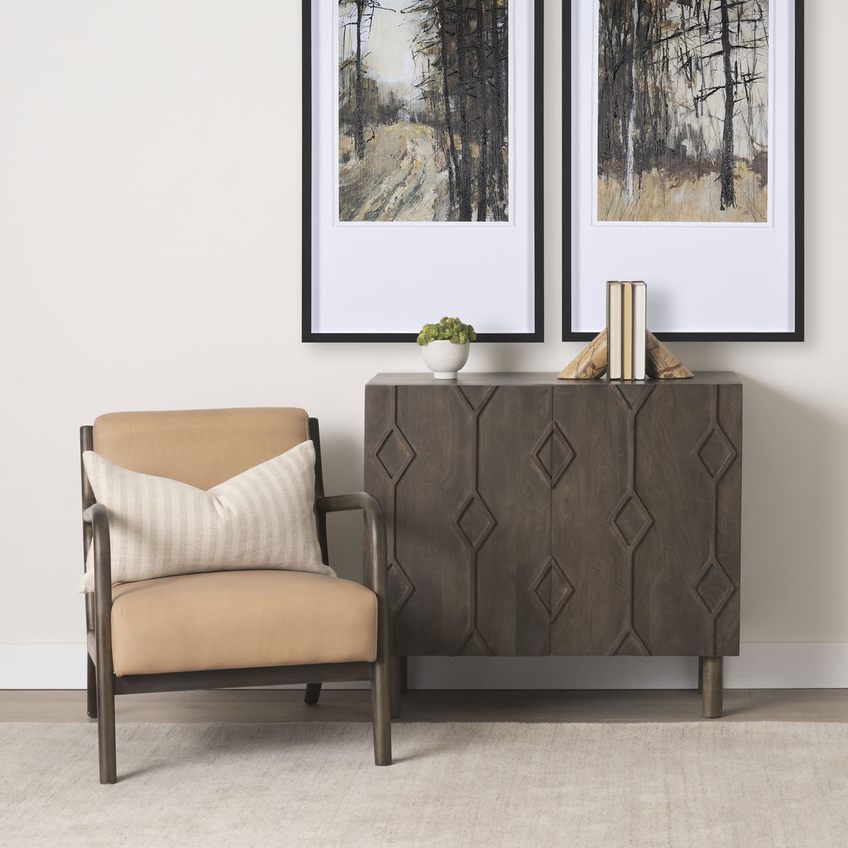 Cashel Accent Chair with Dark Brown Wood and Tan Genuine Leather, by Mercana, 32" length x 26" width x 29.5" height View 2