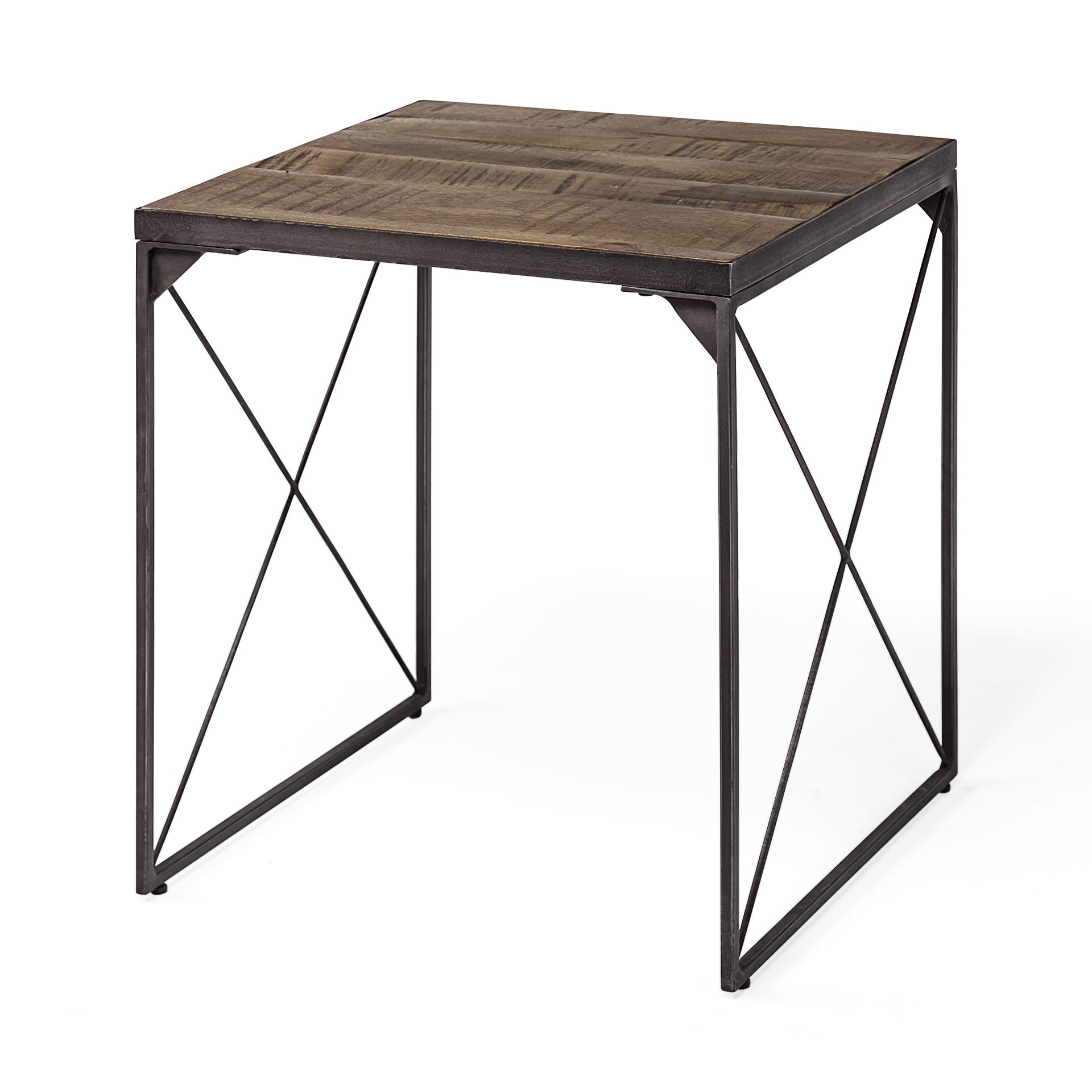 Trestman II 24' x 22.5' Square Top Medium Brown Wood and Iron Cross Braced End/Side Table, Side & End Table by Mercana, 24" length x 24" width x 22.5" height View 1