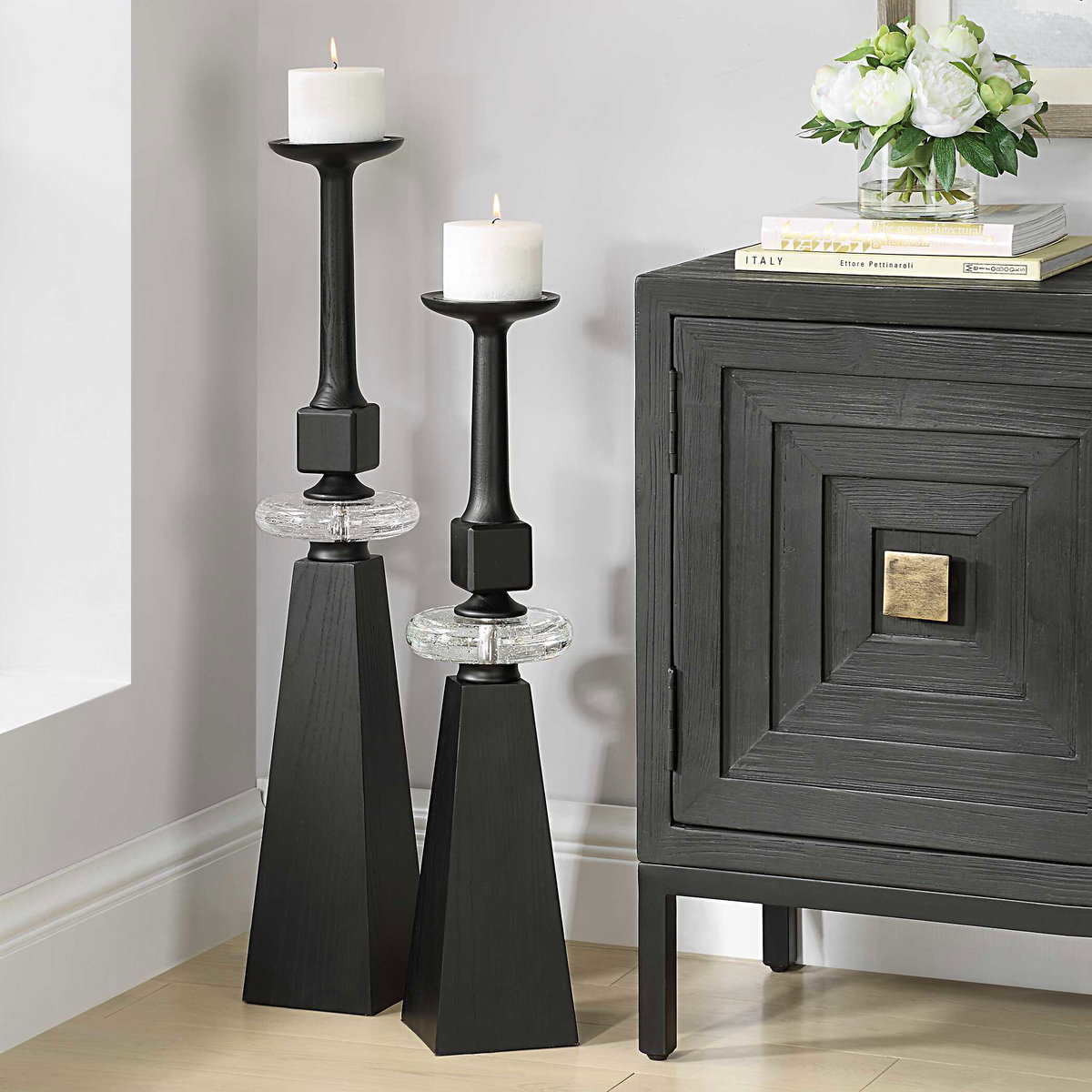 Ebon Glow Floor Candleholders Set/2, Candles & Candle Holder by Uttermost, 7" width x 36" height x 7" depth View 3