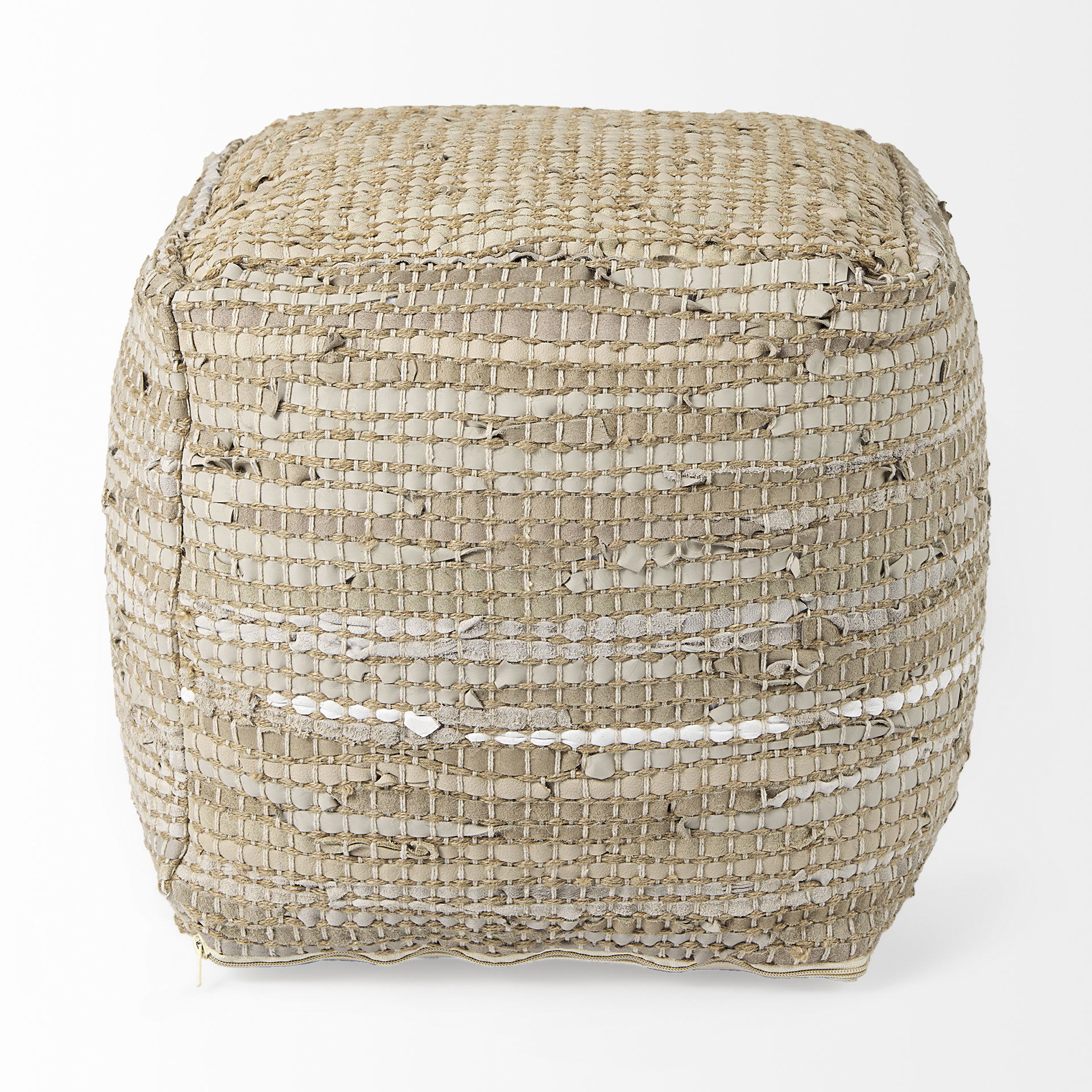 Aalia  Beige Leather and Jute Pouf, Ottoman by Mercana, 16" length x 16" width x 16" height View 2