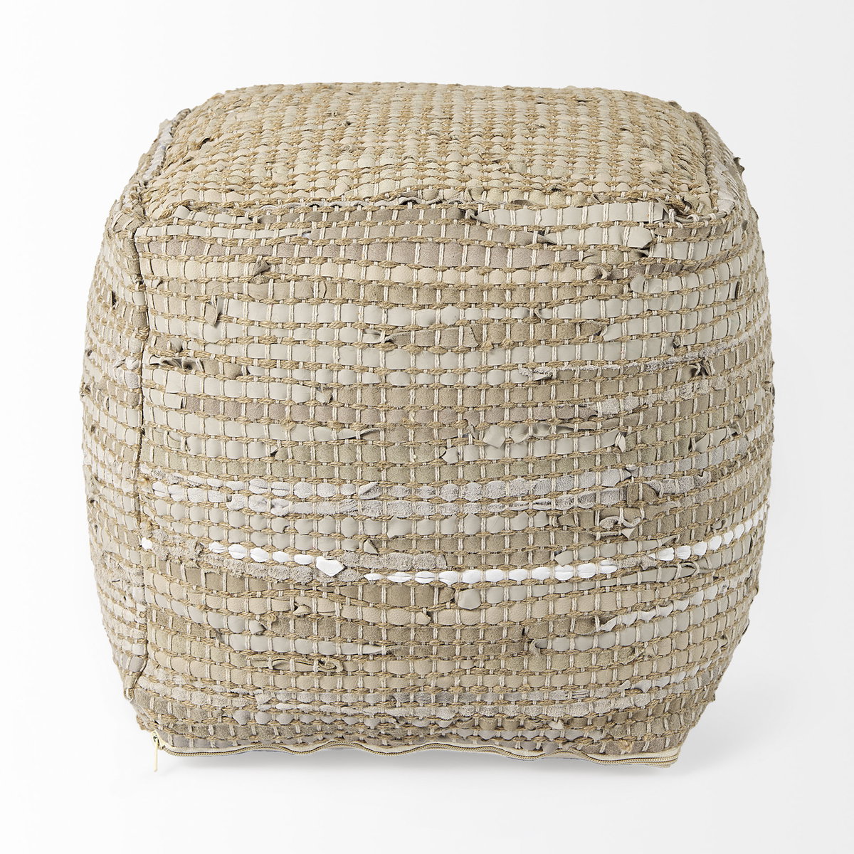 Aalia  Beige Leather and Jute Pouf, Ottoman by Mercana, 16" length x 16" width x 16" height View 4